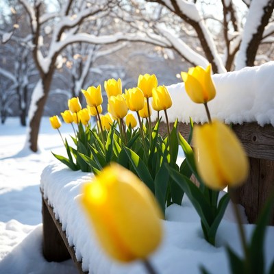 Yellow tulips bloom in winter snow