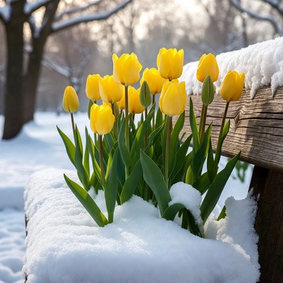 Tulips in snowy park scene