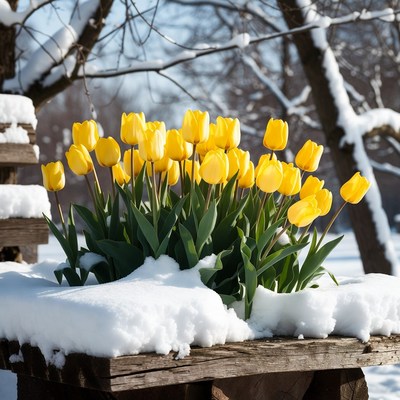 Spring flowers bloom in the winter snow
