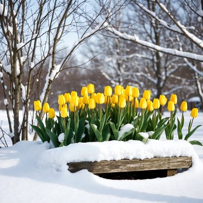 Yellow tulips in winter snow