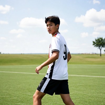 Young boy plays soccer on field