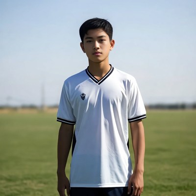 Young player stands on soccer field