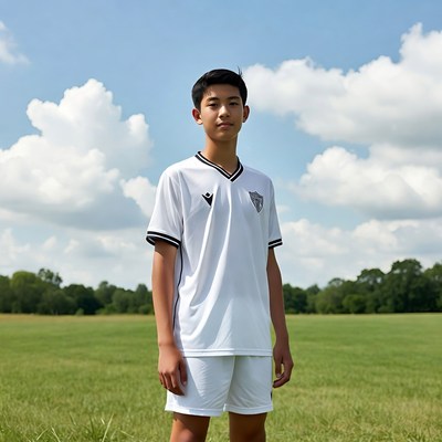 Young player stands on soccer field