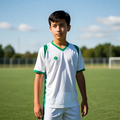 Young boy stands on soccer field