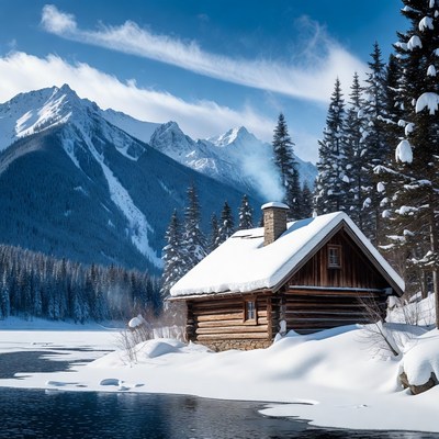 Cabin by the lake in winter