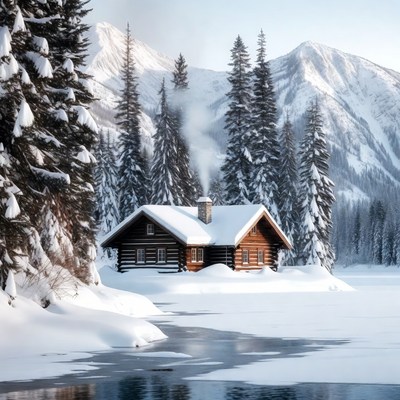Cabin in snowy mountain landscape