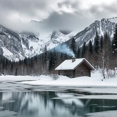 Log cabin by frozen lake in winter