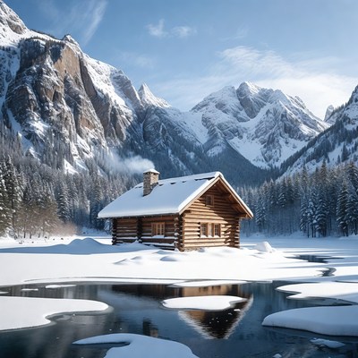 Winter cabin by frozen lake