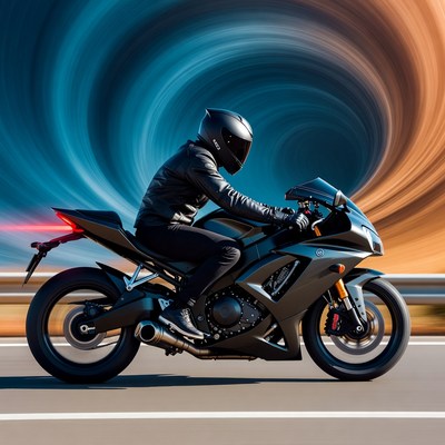 Motorcyclist on the highway at sunset