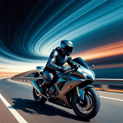 Biker rides on curved highway at sunset