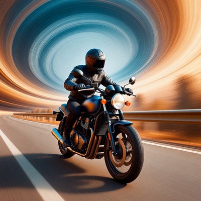 Motorcyclist rides through abstract landscape