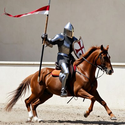 Knight riding horse with flag