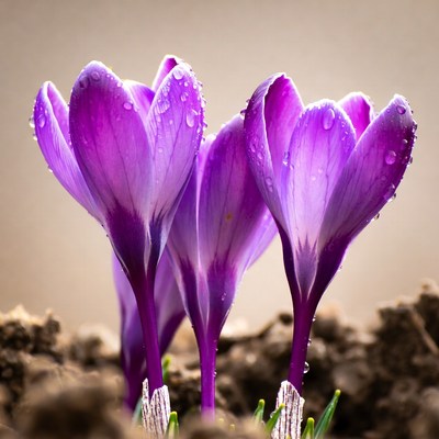 Purple flowers bloom with water droplets