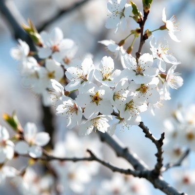 White flowers bloom on a tree branch