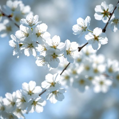 White flowers bloom in spring sunlight