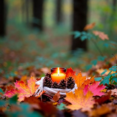 Autumn scene with candle and leaves