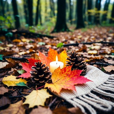Candle and leaves in autumn forest