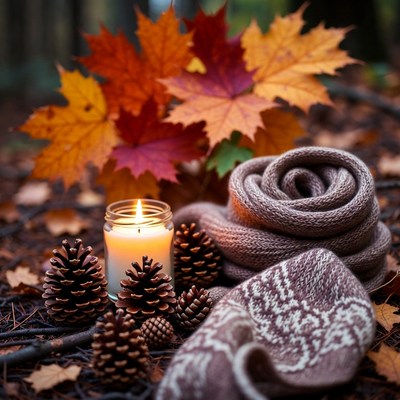 Autumn scene with scarf and candle