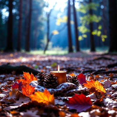 Candle in a forest clearing