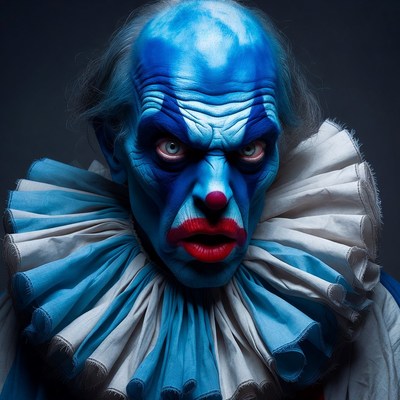 Blue clown with intense expression