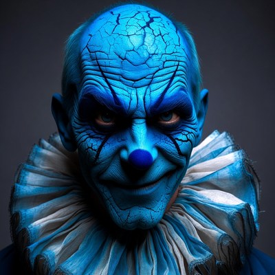 Blue clown with detailed makeup and costume