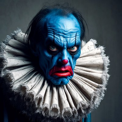 Clown with blue face paint and ruffled collar