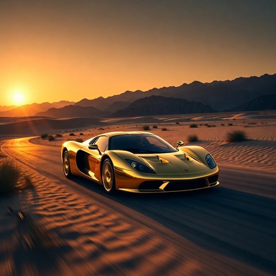 Car driving on desert road at sunset