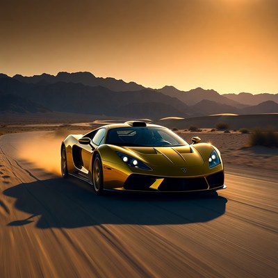 Luxury car in desert at sunset