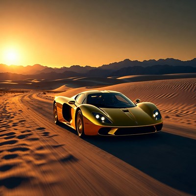 Sports car driving through desert at sunset