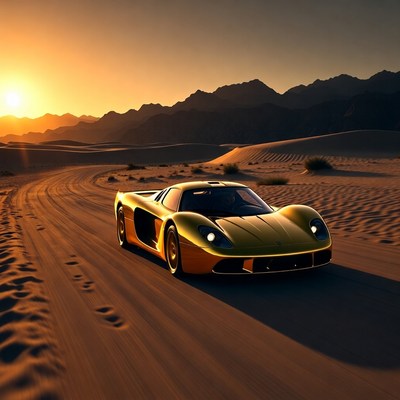 Car driving in desert at sunset