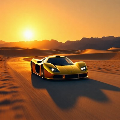 Fast car drives on desert road at sunset