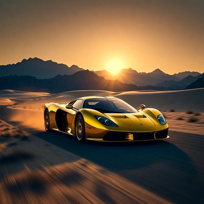 Fast car driving in desert sunset