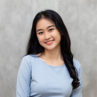 Young woman smiles in front of gray background