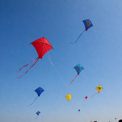 Kites flying in clear blue sky