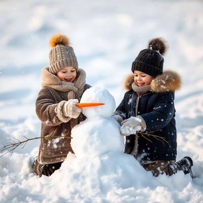Kids making snowman in winter