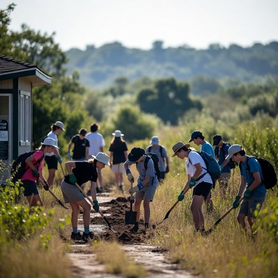 Students planting trees in park