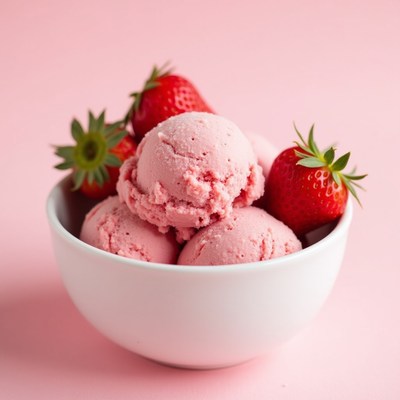 Pink ice cream with fresh strawberries