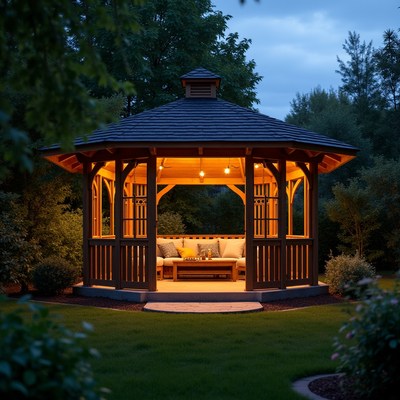 Cozy gazebo at dusk with lights
