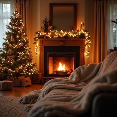 Cozy holiday scene by the fireplace