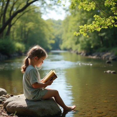Child reading by the riverbank