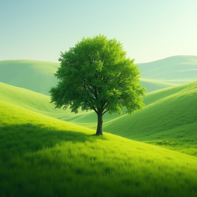 Green tree on rolling hills