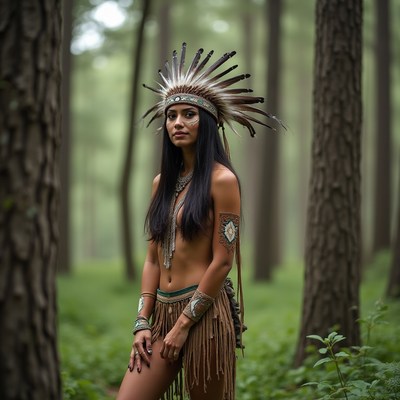 Woman in forest wearing traditional attire
