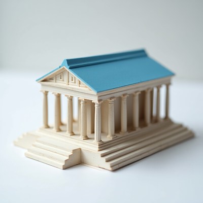 Model of ancient temple with blue roof