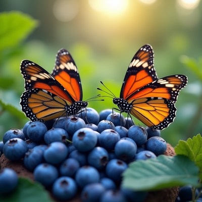 Two butterflies near blueberries in sunlight