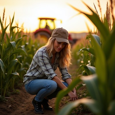 Young woman working in cornfield at sunset