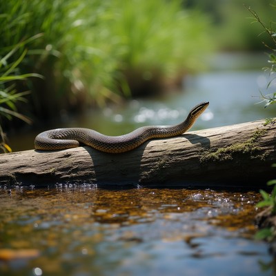 Snake resting on a log by water