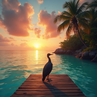 Bird on dock at sunset