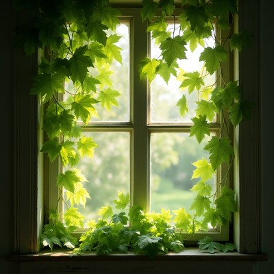 Green leaves by the window in daylight