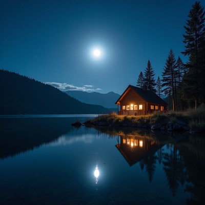 Cabin by the lake at night