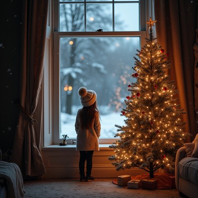 Child by christmas tree at night
